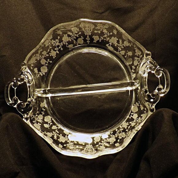 VTG Cambridge Glass Rose Point Etch 2 Part Relish Dish - Picture 1 of 10